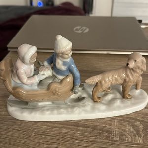 Vintage Mexico Porcelain Boy and Girl On Sleigh Ride with Dog